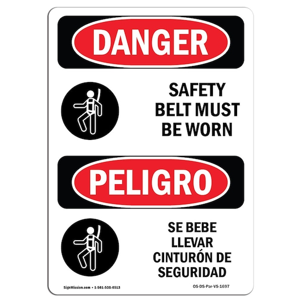 OSHA Sign, Belt Must Worn Bilingual, 5in X 3.5in Decal, 10PK, 3.5" W, 5" H, Spanish, PK10